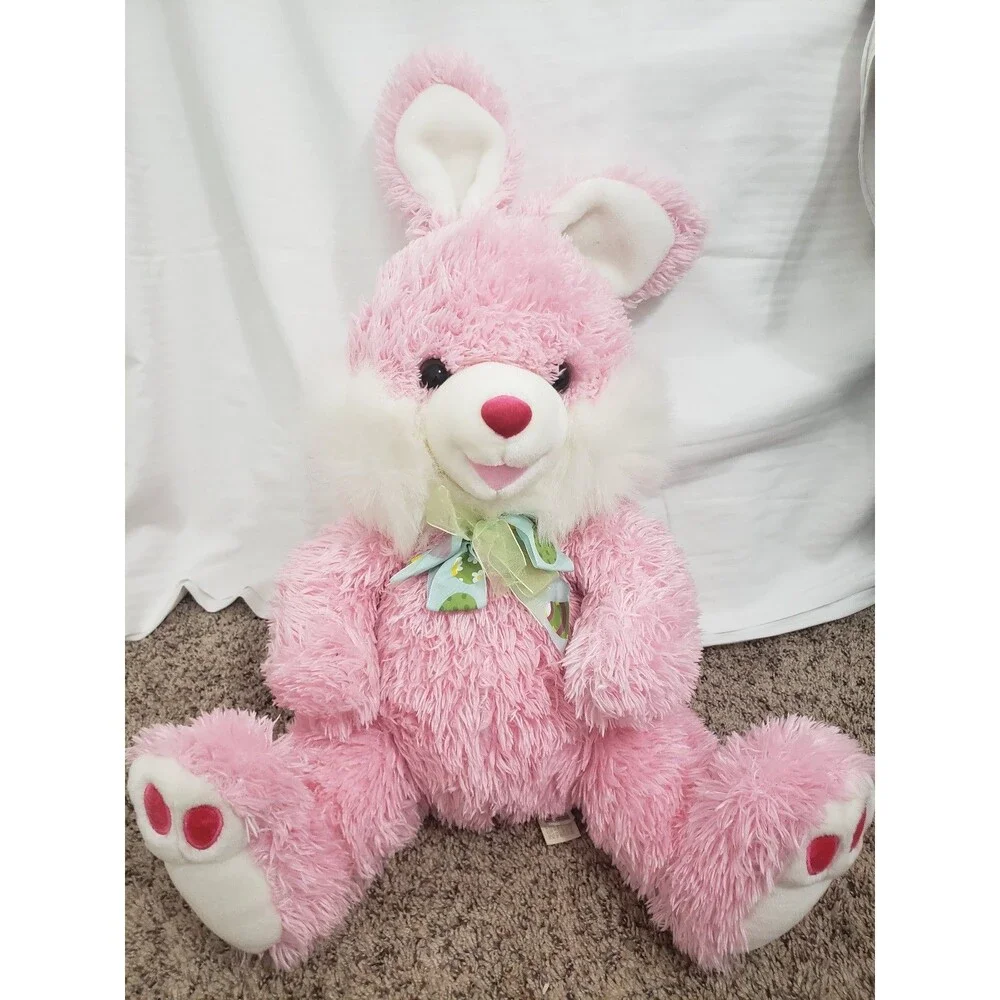 Pink Stuffed Bunny Rabbit Plush Toy with Bow and Tag
